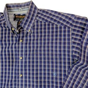 Ariat Pro Series Mens XL Blue Gold Plaid Button Down Shirt Long Sleeve Mesh Yoke